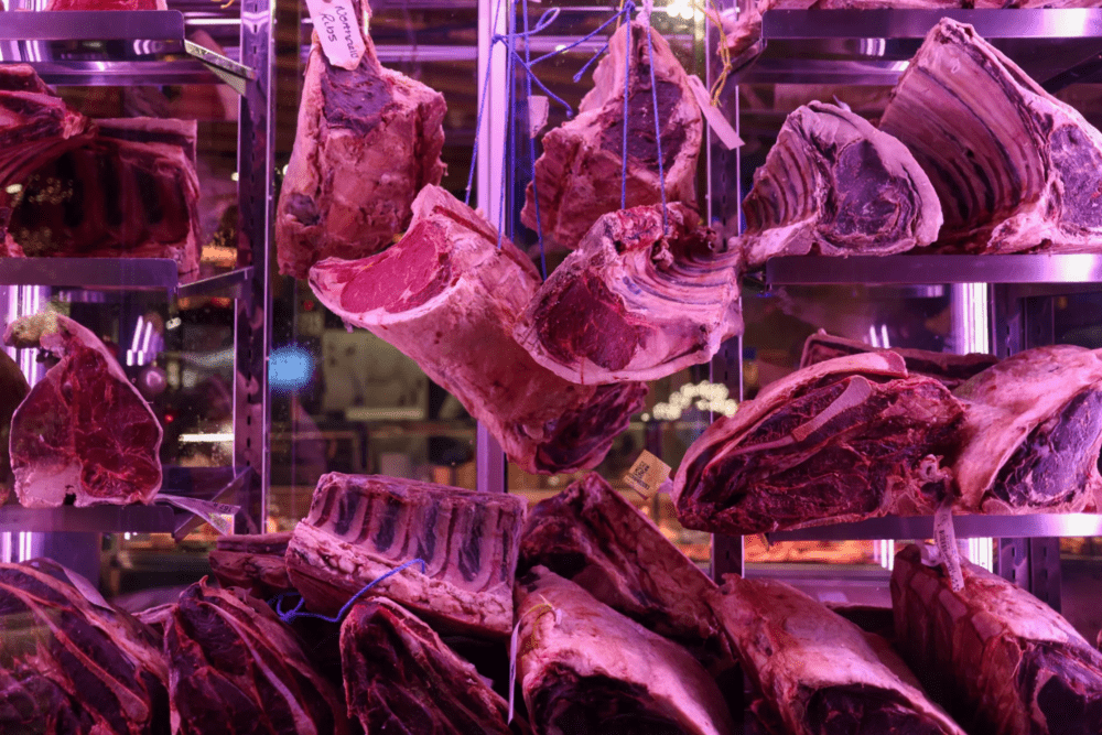 Racks of meat displayed in a butcher's window. (Hollie Adams/Bloomberg) Racks of meat displayed in a butcher's window. (Hollie Adams/Bloomberg)