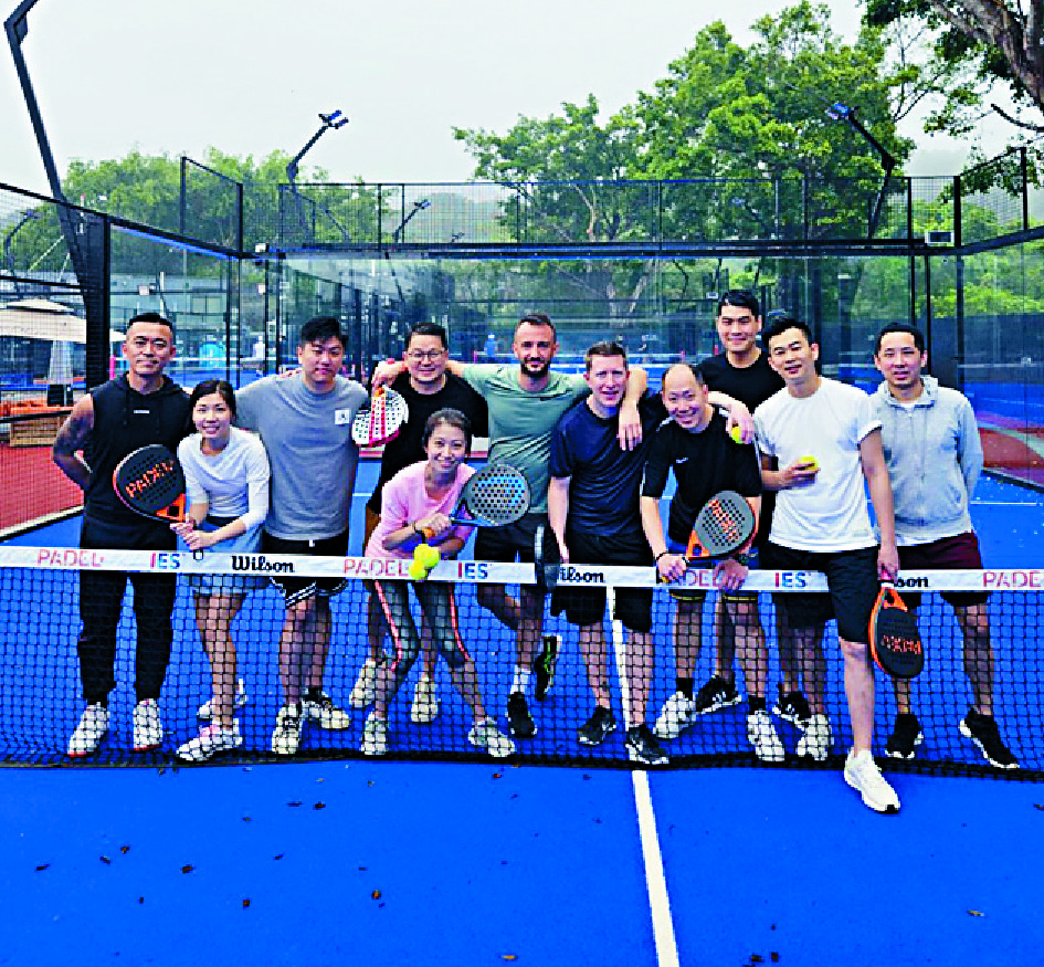 Clockwise from top: a HK leadership team-building activity; a tournament in Thailand; and at his ‘second job’ on the football pitch.