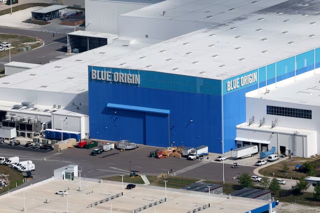 An aerial view shows the Blue Origin manufacturing facility at the Kennedy Space Center in Cape Canaveral, Florida, U.S., April 6, 2026. REUTERS/Brendan McDermid/File Photo