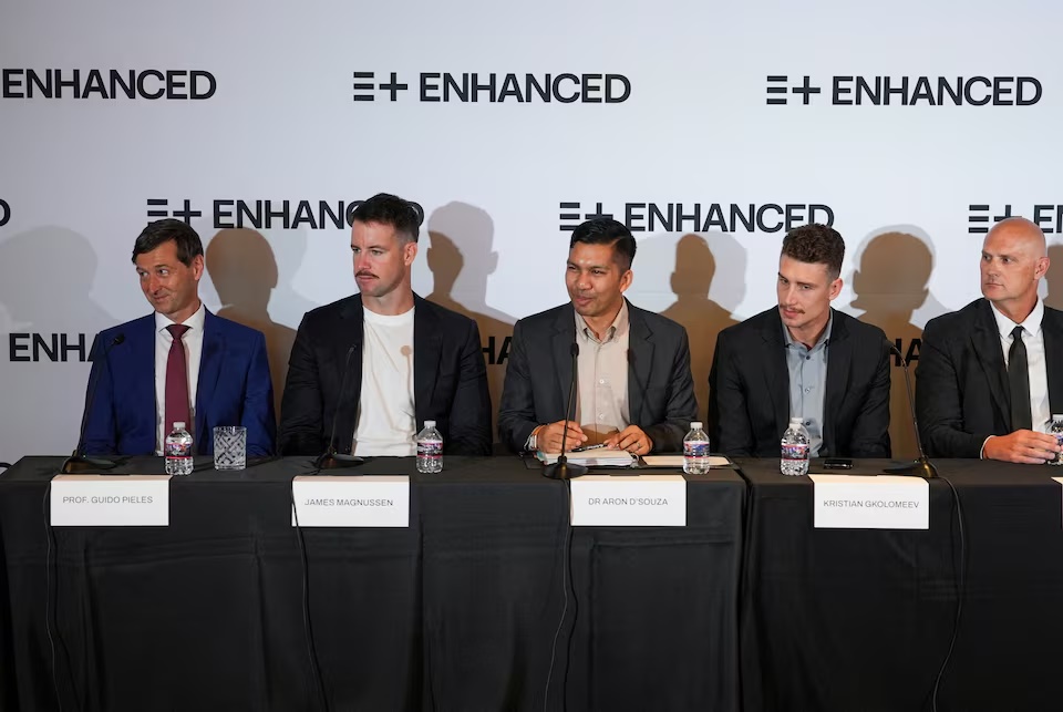The "Enhanced Games" team attends a press conference to announce new games scheduled for 2026, in Las Vegas, Nevada, U.S., May 21, 2025. REUTERS/Arafat Barbakh 