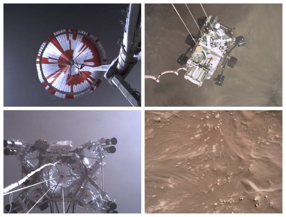 This combination of images from video made available by NASA shows steps in the descent of the Mars Perseverance rover as it approaches the surface of the planet on Thursday, February 18, 2021. This combination of images from video made available by NASA shows steps in the descent of the Mars Perseverance rover as it approaches the surface of the planet on Thursday, February 18, 2021.