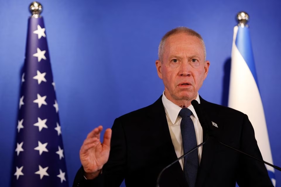 Israeli Defence Minister Yoav Gallant attends a news conference with U.S. Secretary of Defense Lloyd Austin at Ben Gurion Airport in Lod, Israel, March 9, 2023. REUTERS/Amir Cohen/File Photo Israeli Defence Minister Yoav Gallant attends a news conference with U.S. Secretary of Defense Lloyd Austin at Ben Gurion Airport in Lod, Israel, March 9, 2023. REUTERS/Amir Cohen/File Photo