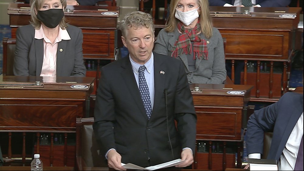 In this image from video, Senator Rand Paul, Republican of Kentucky, makes a motion that the impeachment trial against former President Donald Trump is unconstitutional in the Senate at the U.S. Capitol in Washington, Tuesday, January 26, 2021. In this image from video, Senator Rand Paul, Republican of Kentucky, makes a motion that the impeachment trial against former President Donald Trump is unconstitutional in the Senate at the U.S. Capitol in Washington, Tuesday, January 26, 2021.