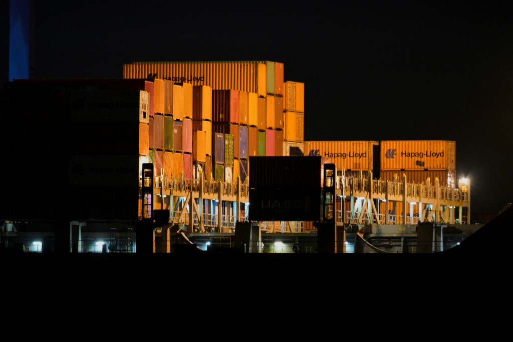 Containers are stacked at the loading terminal "Altenwerder" in the port of Hamburg, Germany, February 17, 2025. REUTERS/Fabian Bimmer