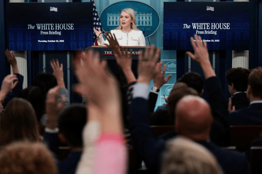 White House Press Secretary Karoline Leavitt takes questions from reporters during a press briefing at the White House in Washington, D.C., U.S., October 23, 2025. REUTERS/Jonathan Ernst