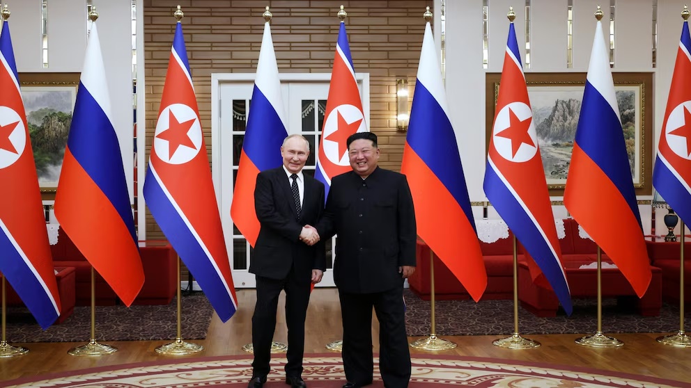 Russian President Vladimir Putin, left, and North Korea's leader Kim Jong Un pose for a photo after the official welcome ceremony in Pyongyang, North Korea, on Wednesday, June 19, 2024. (Gavriil Grigorov, Sputnik, Kremlin Pool Photo via AP) Russian President Vladimir Putin, left, and North Korea's leader Kim Jong Un pose for a photo after the official welcome ceremony in Pyongyang, North Korea, on Wednesday, June 19, 2024. (Gavriil Grigorov, Sputnik, Kremlin Pool Photo via AP)
