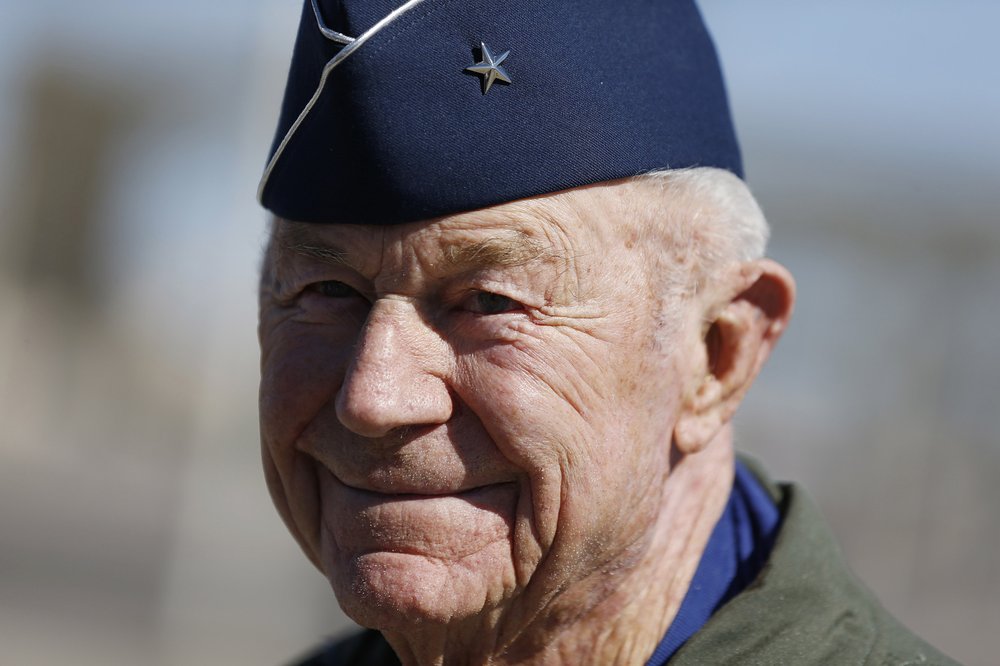In this Sunday, October 14, 2012, file photo, retired Air Force Brig. Gen. Charles Yeager talks to the media following a re-enactment flight commemorating his breaking of the sound barrier 65 years earlier, at Nellis Air Force Base, Nevada. In this Sunday, October 14, 2012, file photo, retired Air Force Brig. Gen. Charles Yeager talks to the media following a re-enactment flight commemorating his breaking of the sound barrier 65 years earlier, at Nellis Air Force Base, Nevada.