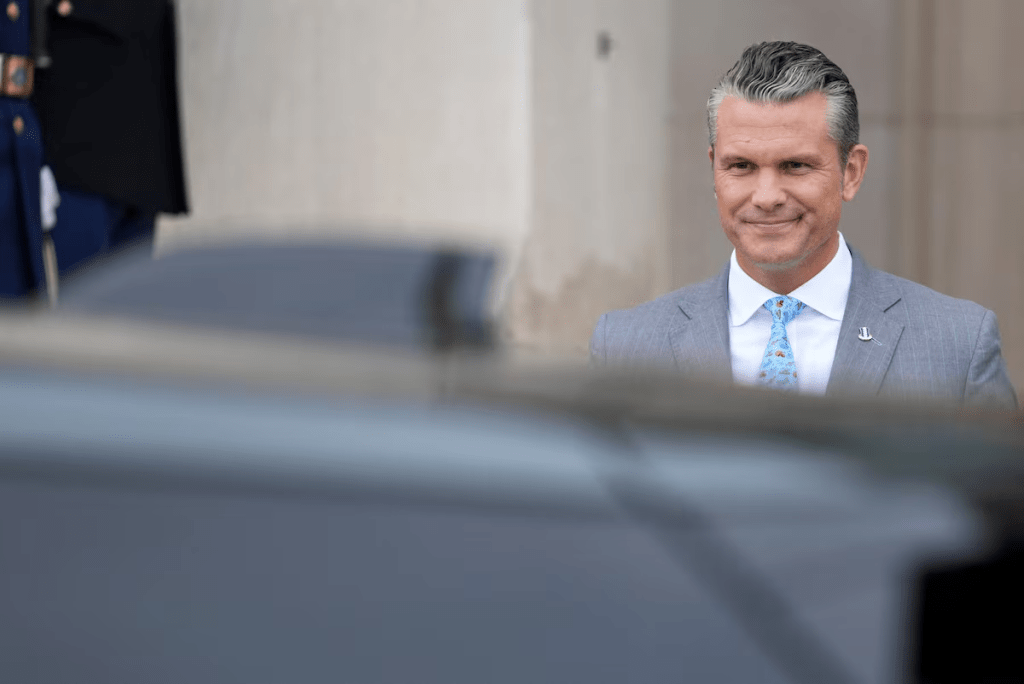 US Defense Secretary Pete Hegseth smiles during a visit by Britain's Defence Minister Wes Streeting at the Pentagon, Arlington, Virginia, US, October 15, 2026. REUTERS/Nathan Howard