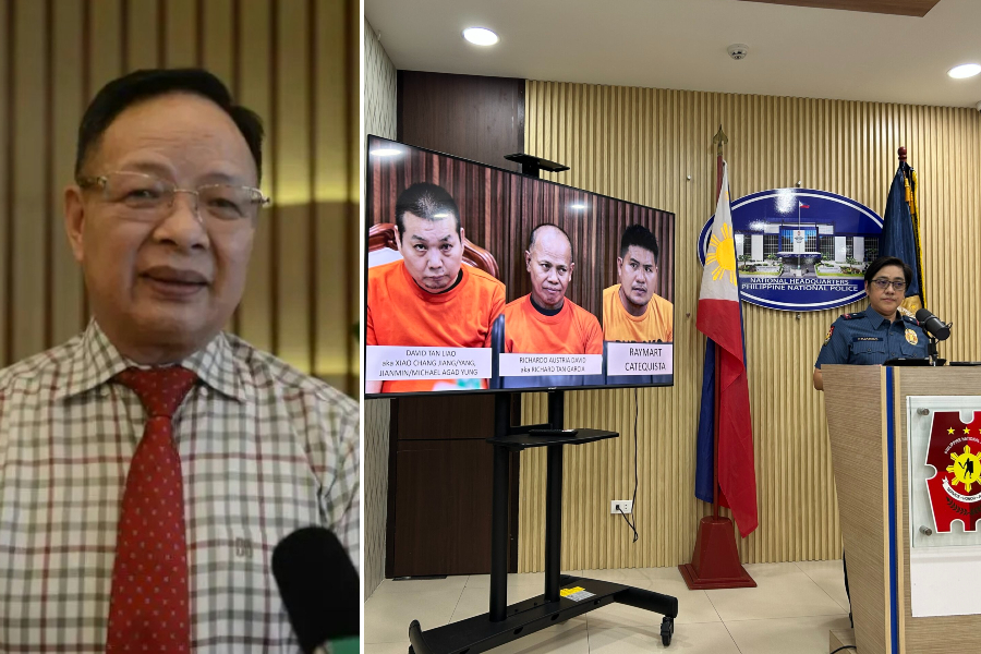 Anson Que (left) Philippine National Police shows the photos of the three suspects arrested in the kidnap and murder case (right)