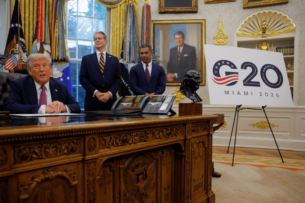 U.S. President Donald Trump speaks with the media about hosting the G20 summit, accompanied by U.S. Secretary of the Treasury Scott Bessent and Miami Mayor Francis Suarez, in the Oval Office, at the White House in Washington, D.C., U.S., September 5, 2025. REUTERS/Brian Snyder