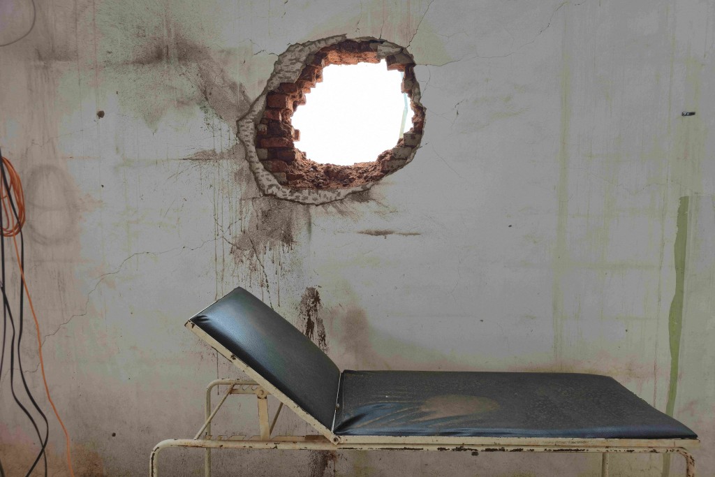 This picture shows a large hole in the wall of a health facility after the Rapid Support Forces targeted several civilian facilities earlier in the week in Al-Rahad Abu Dakna, one of the largest cities in North Kordofan State, located on the national highway linking Kosti and El Obeid, on July 25, 2026, according to government sources.