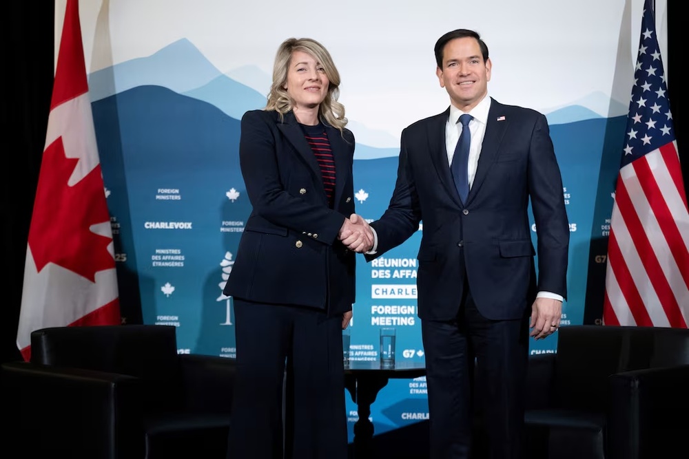 Canadian Foreign Minister Melanie Joly shakes hands with US Secretary of State Marco Rubio during the G7 meeting of foreign ministers in Charlevoix, Quebec, on March 13, 2025. SAUL LOEB/Pool via REUTERS Canadian Foreign Minister Melanie Joly shakes hands with US Secretary of State Marco Rubio during the G7 meeting of foreign ministers in Charlevoix, Quebec, on March 13, 2025. SAUL LOEB/Pool via REUTERS