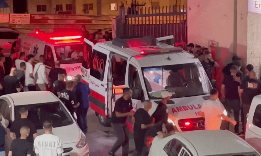 Ambulances are parked outside Tulkarm hospital in the Israeli-occupied West Bank, July 2, 2024 in this screen grab obtained from a video. Video obtained by REUTERS/File Photo