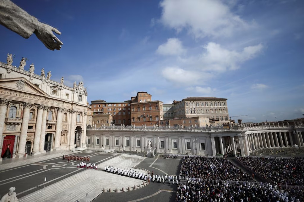 Members of the clergy arrive in St Peter's Square on the day of the translation of Pope Francis' body, which will be transported inside the Basilica, at the Vatican, April 23, 2025. (Reuters)