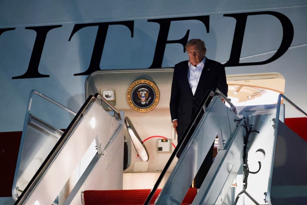 U.S. President Donald Trump arrives aboard the new Qatari-gifted Air Force One, as he returns to Washington after participating in a NATO leaders' summit in Turkey, at Joint Base Andrews, Maryland, U.S., July 9, 2026. REUTERS/Jonathan Ernst