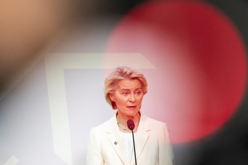 President of the European Commission, Ursula von der Leyen, speaks during a press conference at the end of an informal summit for the EU's heads of state and government, at Christiansborg Palace in Copenhagen, Denmark, October 1, 2025. Ida Marie Odgaard/Ritzau Scanpix/via REUTERS