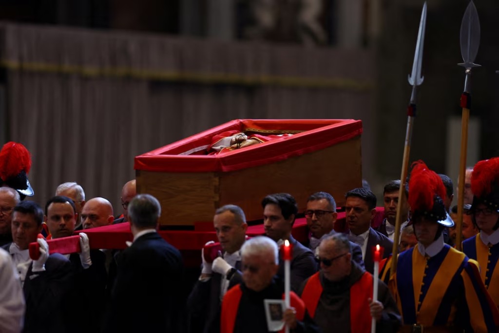 Pope Francis' body is carried in a coffin inside Saint Peter's Basilica at the Vatican on the day of its translation, at the Vatican, April 23, 2025. (Reuters)