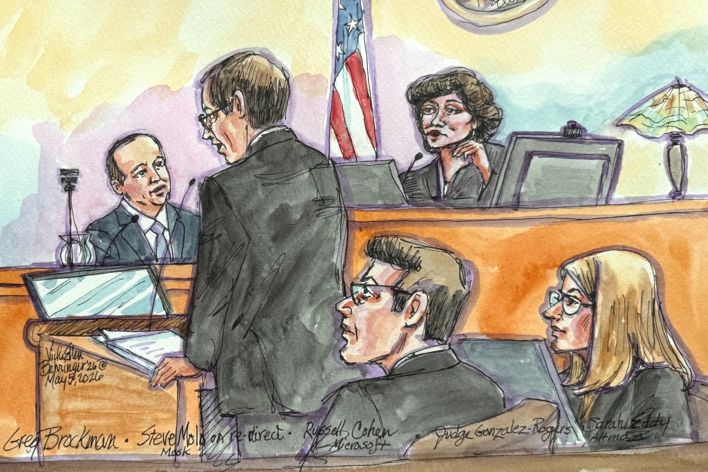 OpenAI President Greg Brockman is questioned by Elon Musk's attorney Steven Molo, as Microsoft lawyer Russell Cohen and OpenAI attorney Sarah Eddy watch during Musk's lawsuit trial over OpenAI's for-profit conversion before U.S. District Judge Yvonne Gonzalez Rogers at a federal courthouse in Oakland, California, U.S., May 5, 2026 in a courtroom sketch.  REUTERS