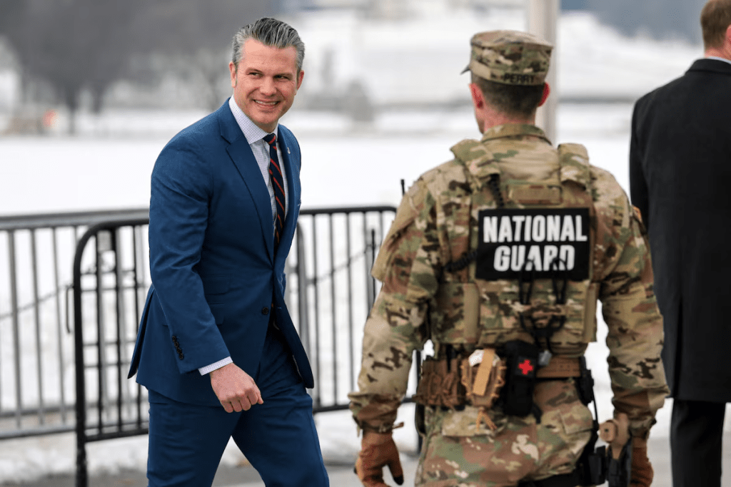 U.S. Defense Secretary Pete Hegseth arrives to administer the oath to U.S. Army National Guard soldiers during a re-enlistment ceremony at the base of the Washington Monument in Washington, D.C., U.S., February 6, 2026. REUTERS/Jonathan Ernst