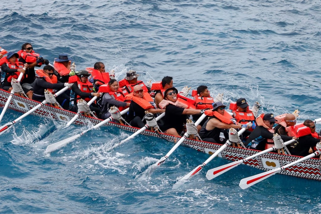 Tao indigenous rowers paddle a traditional wooden canoe named Ovayan, or "Golden Friendship," to the Philippines' Batanes Islands, on Orchid Island, Taiwan, June 15, 2026. REUTERS/Ann Wang