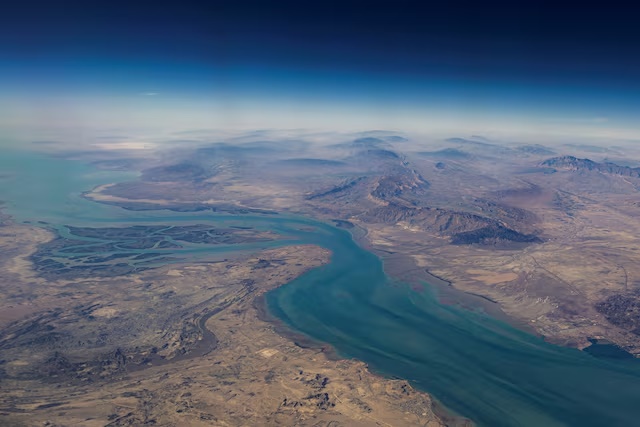 An aerial view of the island of Qeshm, separated from the Iranian mainland by the Clarence Strait, in the Strait of Hormuz, December 10, 2023. REUTERS/Stringer/File Photo 