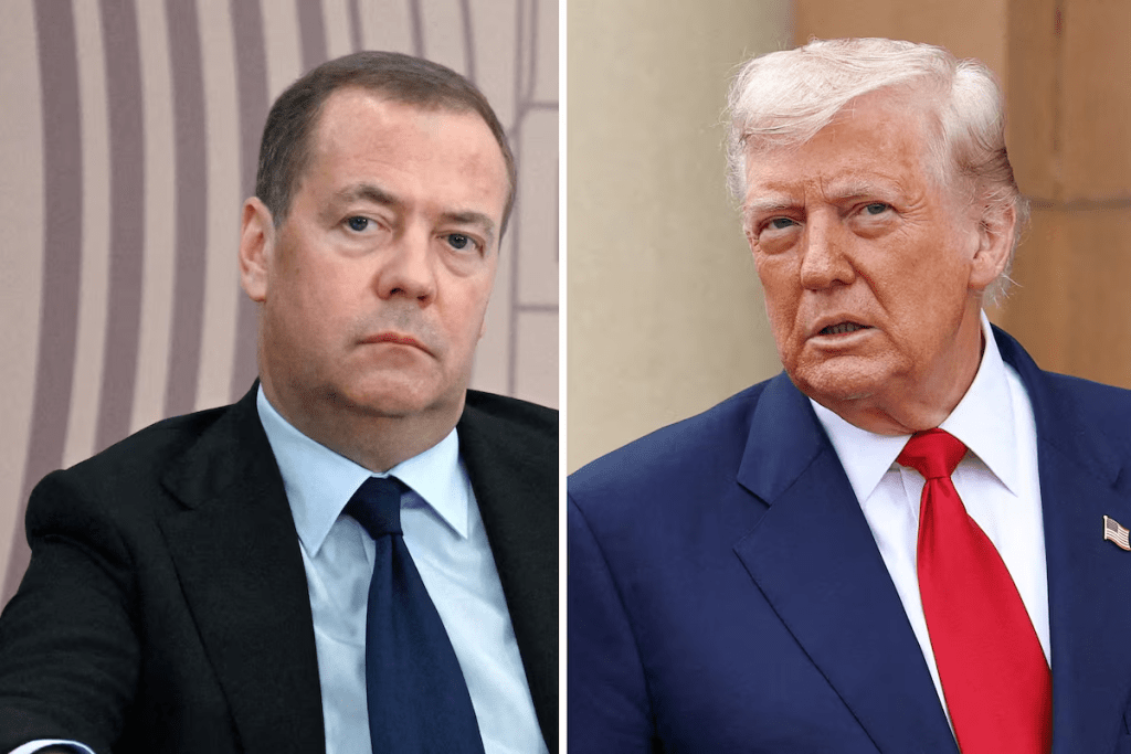 Combination picture showing Dmitry Medvedev and Donald Trump. Sputnik/Alexei Maishev and REUTERS/Evelyn Hockstein