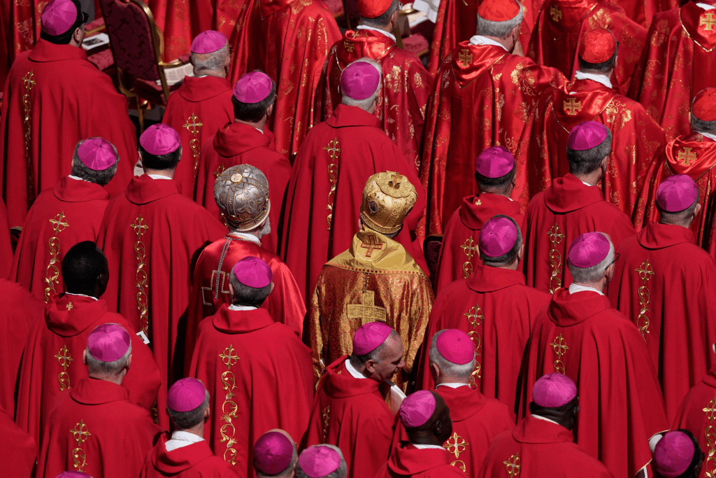 Cardinals stand during the funeral of Pope Francis in St. Peter's Square at the Vatican, Saturday, April 26, 2025. (AP Photo/Gregorio Borgia)