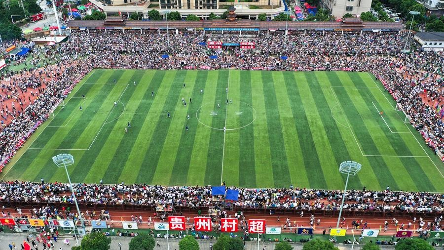 This file aerial photo taken on June 23, 2023 shows a view of the Village Super League in Rongjiang County of southwest China's Guizhou Province. (Xinhua/Yang Wenbin)