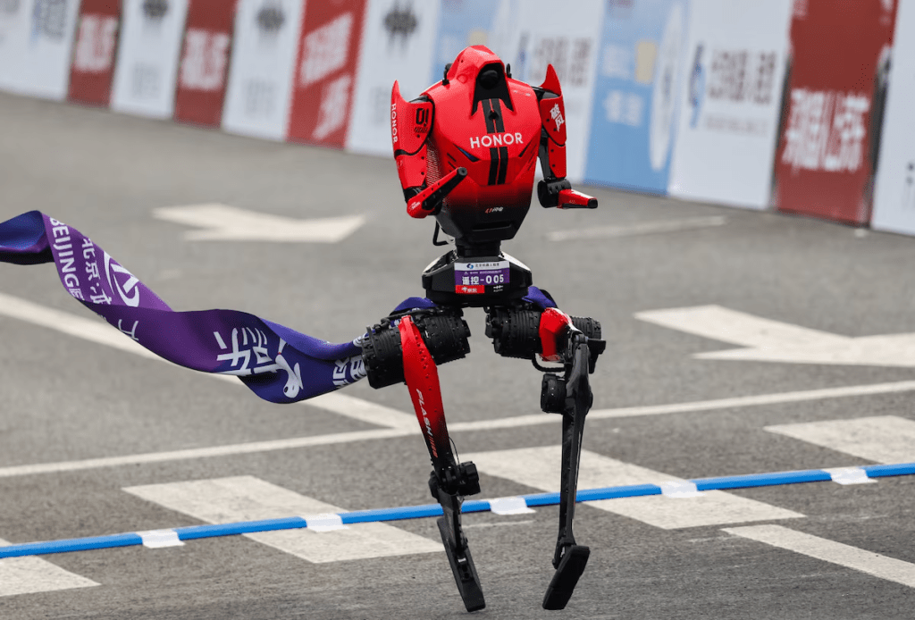A Lightning humanoid robot by Honor crosses the finish line of the second Beijing E-Town Half Marathon and Humanoid Robot Half Marathon in Beijing, China April 19, 2026. REUTERS/Maxim Shemetov/File photo