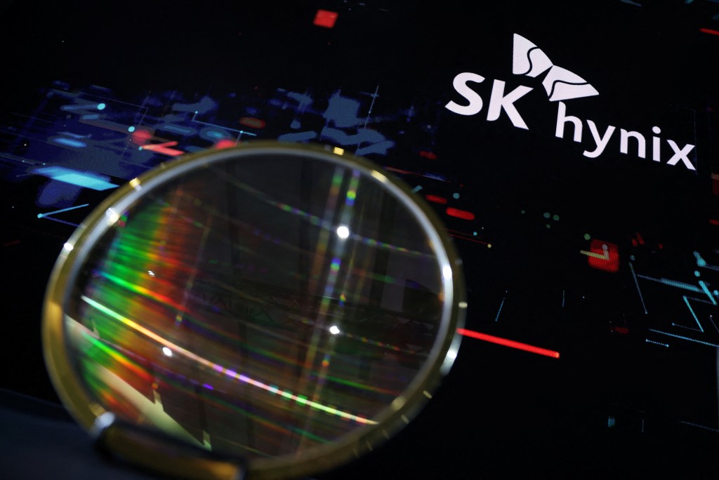 A semiconductor wafer is displayed at a SK Hynix booth before a public briefing on the development vision for the advanced industry in South Korea's southwestern region, in Gwangju, South Korea, June 30, 2026. REUTERS