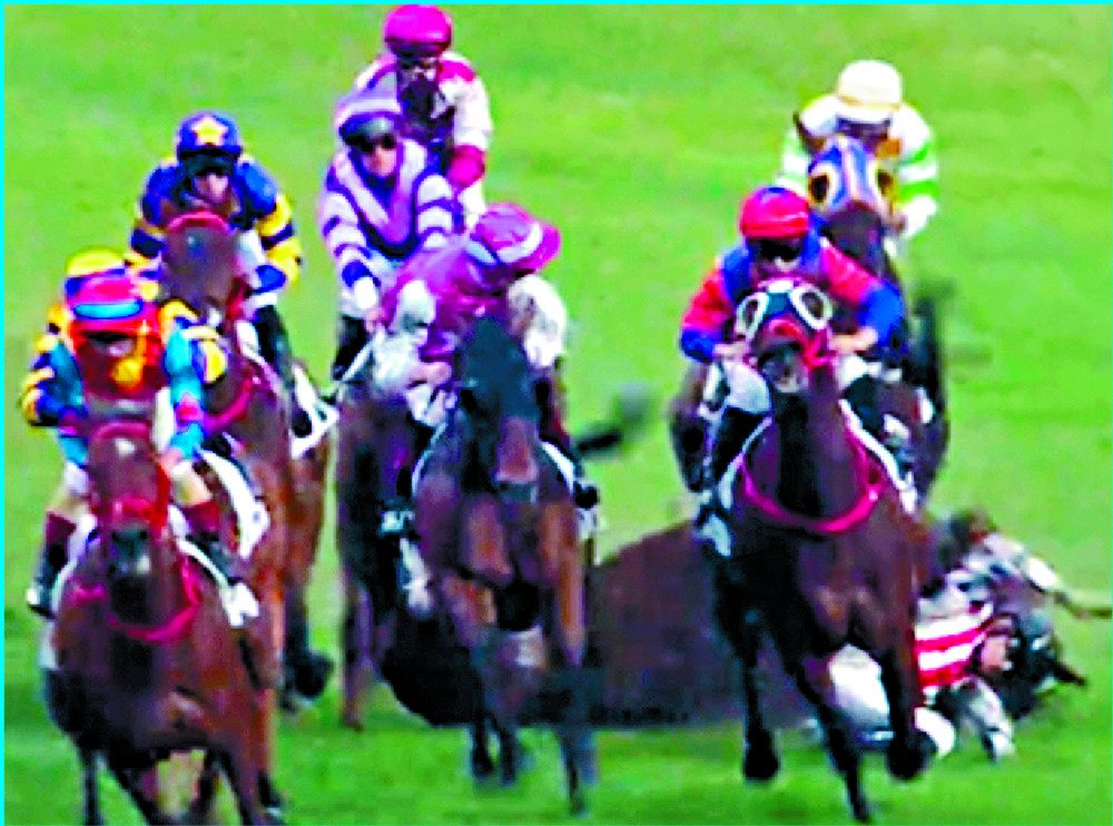An HKJC video grab shows the moment Lyle Hewitson hurtled to the turf. An HKJC video grab shows the moment Lyle Hewitson hurtled to the turf.