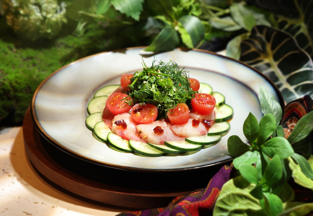 Hamachi with Fragrant Oil, Plum Tomatoes and Asian Vegetables Bouillon.