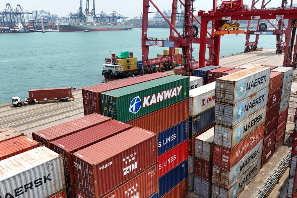 A drone view shows containers at the terminals at the port in Kwai Chung in Hong Kong, China, April 3, 2025. REUTERS