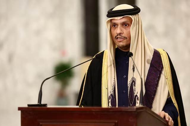 Qatari Prime Minister and Foreign Minister Sheikh Mohammed bin Abdulrahman Al Thani speaks after a meeting with the Lebanese president at the presidential palace in Baabda, Lebanon February 4, 2025. REUTERS/Emilie Madi/File Photo 