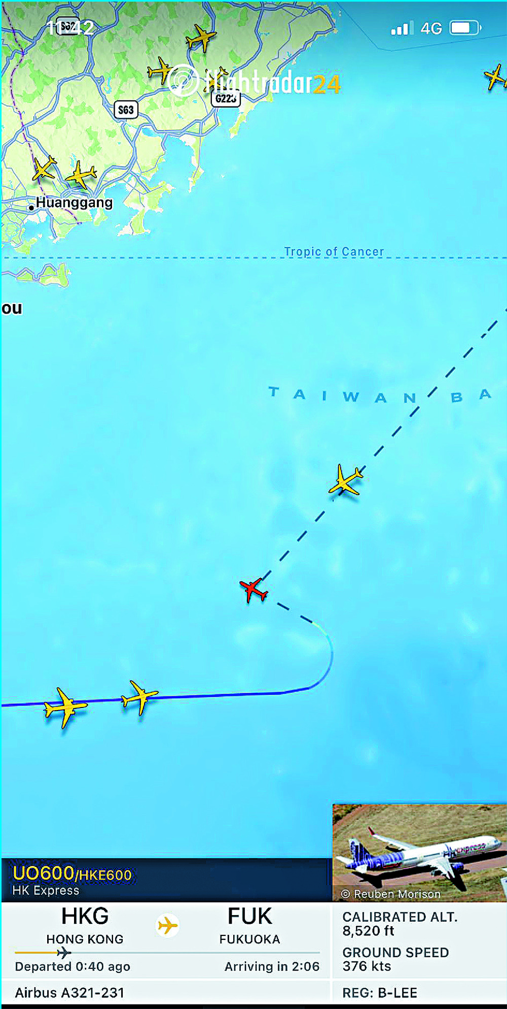 A flight tracker monitors Flight UO600's movement. A flight tracker monitors Flight UO600's movement.