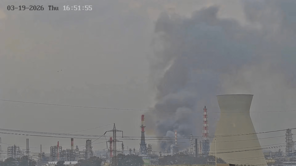CCTV footage shows smoke rising from Israel's Haifa refinery after a reported Iranian attack, in Haifa, Israel, March 19, 2026, amid the U.S.-Israeli conflict with Iran, in this screengrab from video obtained from social media. Social Media/via REUTERS 