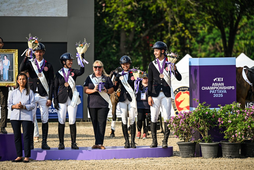 (From left) Patrick Lam, Nicole Pearson, Annie Ho and Owen Wong earned a bronze medal in team eventing.