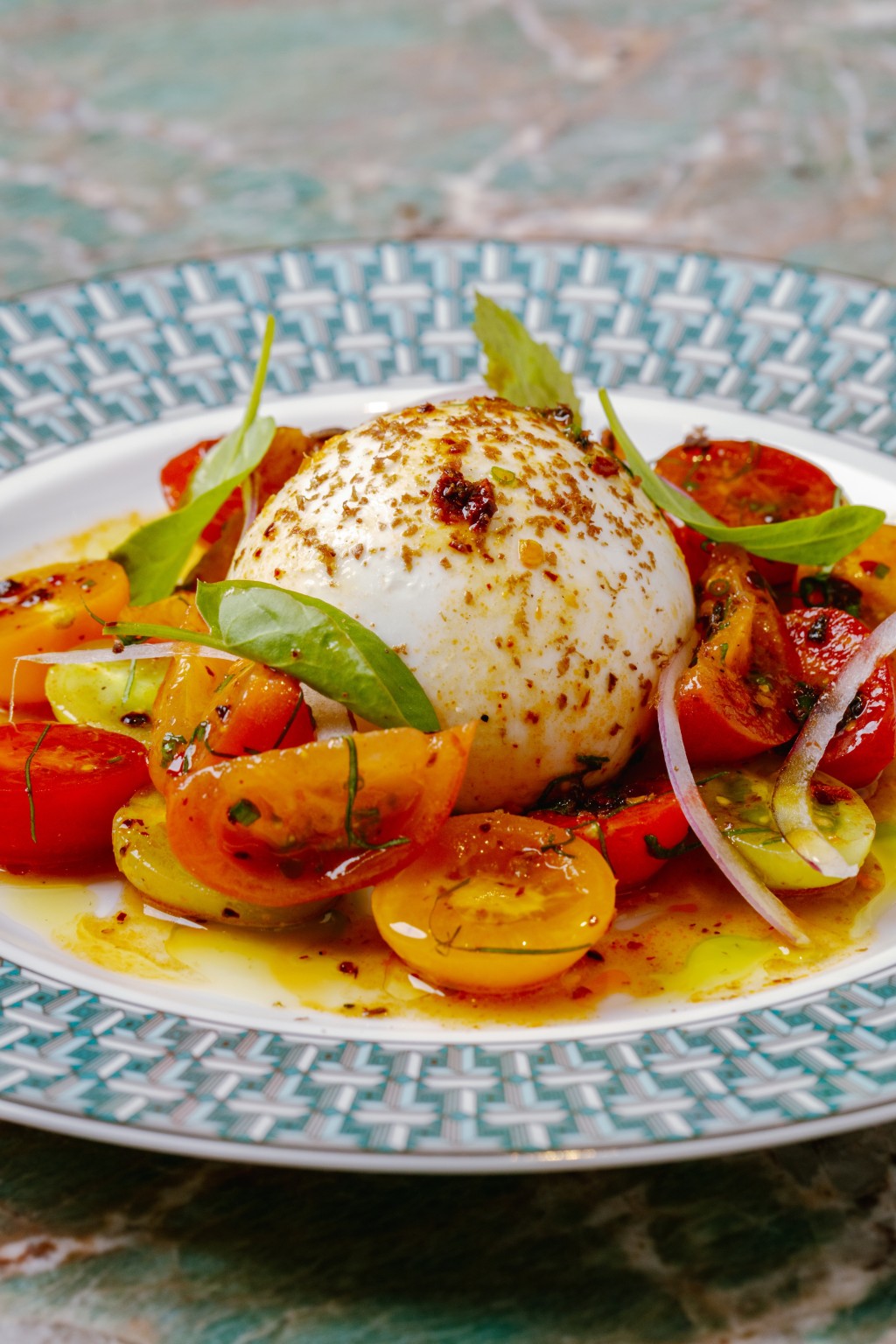 Seasonal Tomato Burrata Salad.
