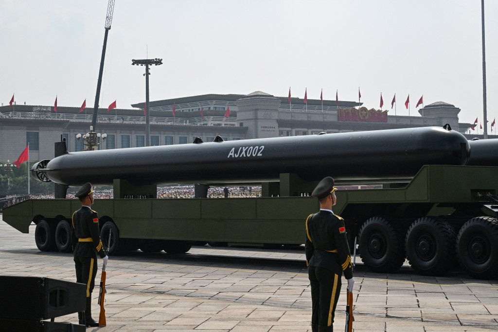 An AJX002 unmanned underwater vehicles is seen during a military parade marking the 80th anniversary of victory over Japan and the end of World War II, in Beijing’s Tiananmen Square on September 3, 2025. (AFP)