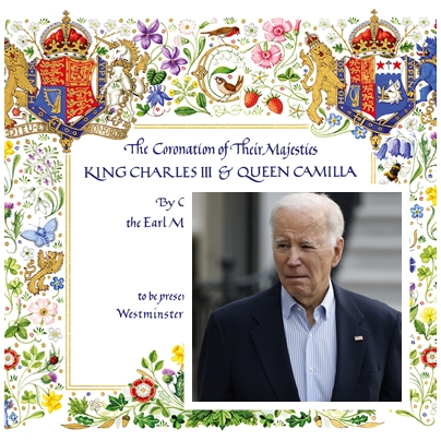 The invitation for the Coronation of Britain's King Charles III is seen in this undated handout image obtained by Reuters April 4, 2023. (Reuters) Inset: Joe Biden (Bloomberg) The invitation for the Coronation of Britain's King Charles III is seen in this undated handout image obtained by Reuters April 4, 2023. (Reuters) Inset: Joe Biden (Bloomberg)