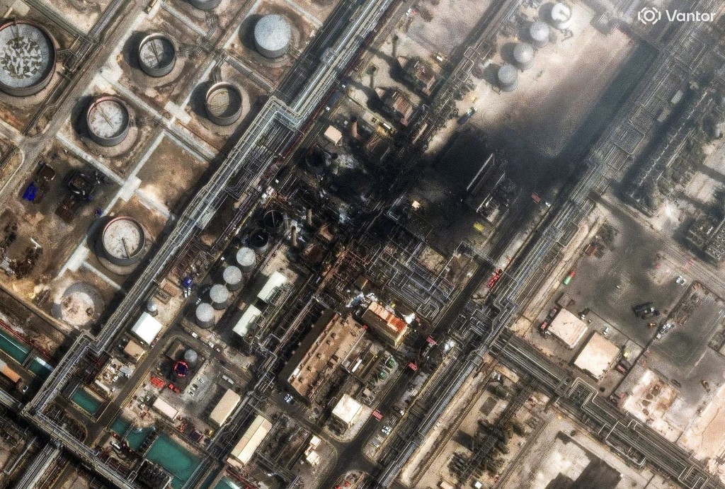 Smoke rises at the Ras Tanura oil refinery in Saudi Arabia after a drone attack, in Ras Tanura, Saudi Arabia, March 2. via Vantor/ Reuters