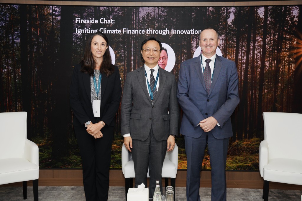Ms Danielle Bistacchi, Sustainability Director, Middle East, Emperor; Mr Darryl Chan, Deputy Chief Executive, Hong Kong Monetary Authority; and Mr Mark Steward, Chief Executive, Dubai Financial Services Authority, share their views on igniting climate finance through innovation. (photo: Hong Kong Monetary Authority)