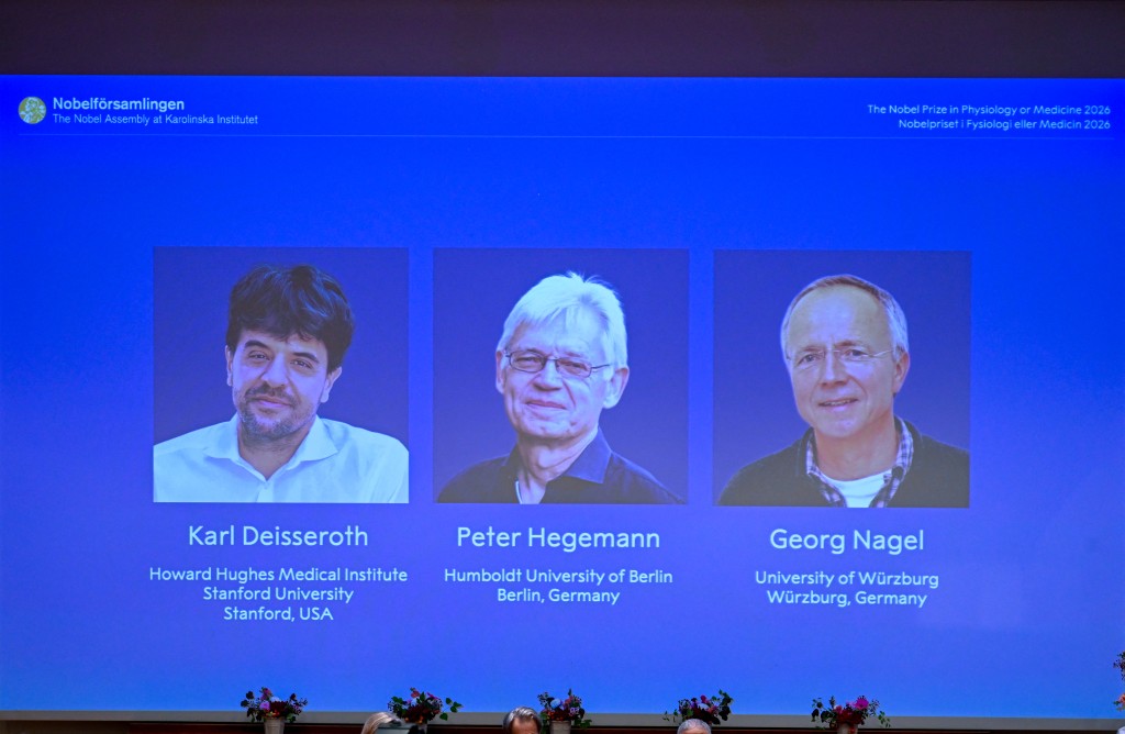 Photo by JONATHAN NACKSTRAND / AFP A screen displays portraits of (L-R) US scientist Karl Deisseroth and German scientists Peter Hegemann and Georg Nagel during the announcement of the winners of the 2026 Nobel Prize in Physiology or Medicine at the Karolinska Institute in Stockholm, Sweden, on October 5, 2026.