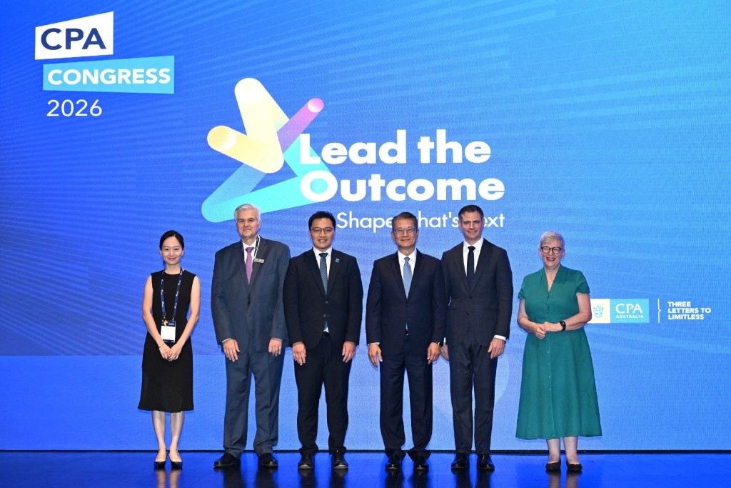 From right: Asheley Jones; the Consul-General of Australia to Hong Kong and Macao, Gareth Williams; Paul Chan at the CPA Congress 2026 on Thursday. ISD