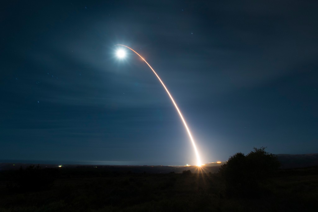 Photo by CLAYTON WEAR / US AIR FORCE / AFP  This handout from the US Air Force shows an unarmed Minuteman III intercontinental ballistic missile launching during a developmental test at 12:33 a.m.