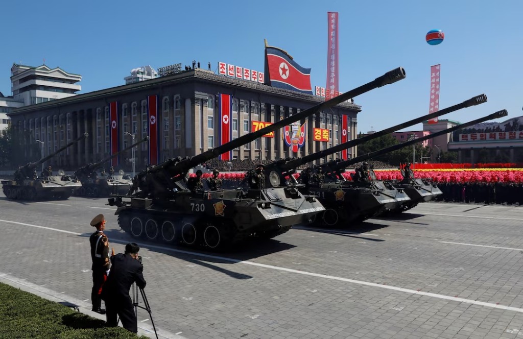  Self propelled artillery roll pass during a military parade marking the 70th anniversary of North Korea's foundation in Pyongyang, North Korea, September 9, 2018. REUTERS/Danish Siddiqui/File Photo