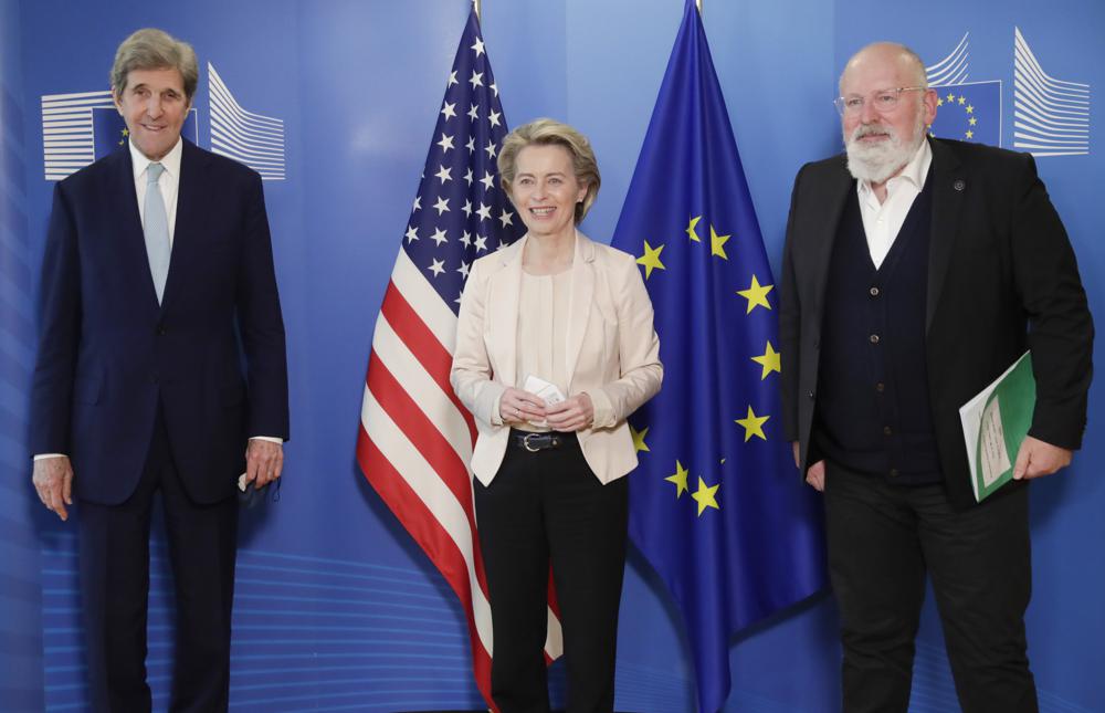 In this March 9, 2021 file photo, United States Special Presidential Envoy for Climate John Kerry, left, European Commission President Ursula von der Leyen, center, and European Commissioner for European Green Deal Frans Timmermans before a meeting at EU headquarters in Brussels. In this March 9, 2021 file photo, United States Special Presidential Envoy for Climate John Kerry, left, European Commission President Ursula von der Leyen, center, and European Commissioner for European Green Deal Frans Timmermans before a meeting at EU headquarters in Brussels.