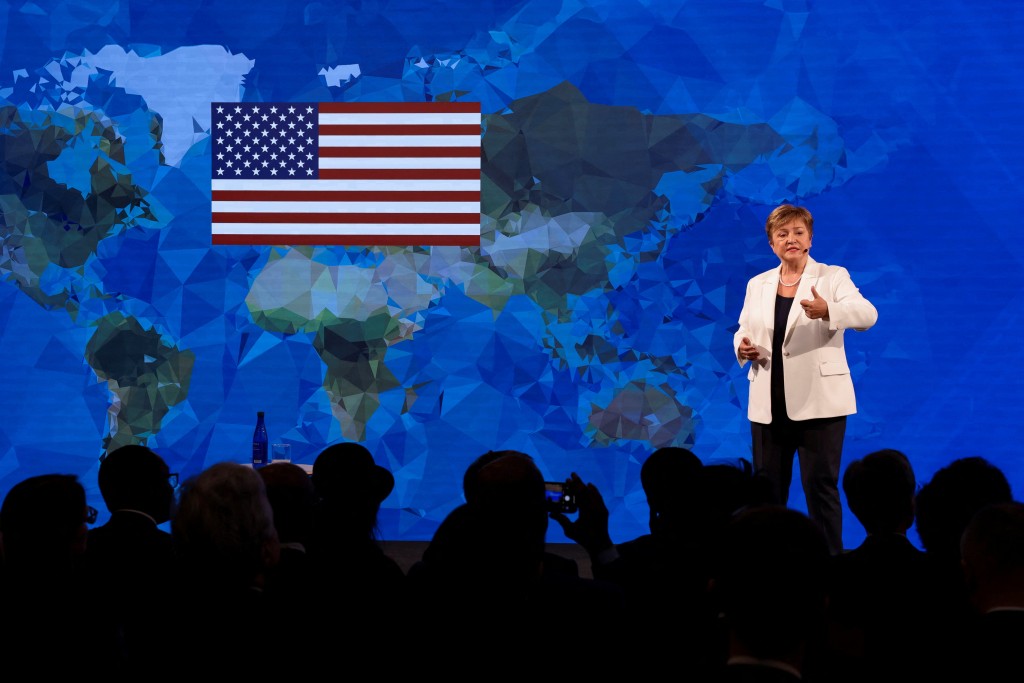 International Monetary Fund (IMF) Managing Director Kristalina Georgieva delivers remarks as U.S. flag is displayed on a screen, ahead of the annual IMF-World Bank fall meetings, at the Milken Institute in Washington, D.C., U.S., October 8, 2025. (Reuters)