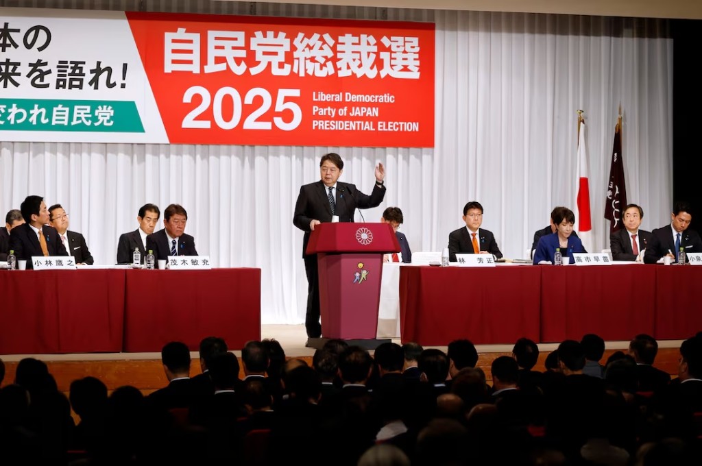 Japanese Chief Cabinet Secretary Yoshimasa Hayashi delivers a speech next to the other candidates at the campaign kick-off for the LDP presidential election in Tokyo, Japan, September 22, 2025. Five lawmakers are running for the ruling Liberal Democratic Party's presidential election to succeed outgoing Prime Minister Shigeru Ishiba. Franck Robichon/Pool via REUTERS