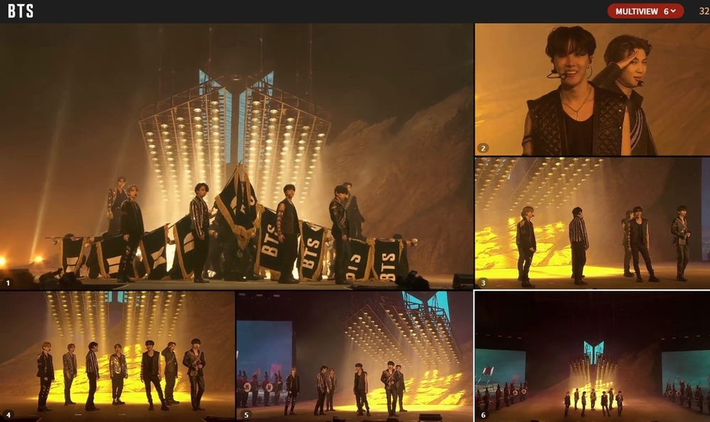 This screenshot of BTS online concert shows a multi-view mode that allows viewers to watch the concert from various angles. This screenshot of BTS online concert shows a multi-view mode that allows viewers to watch the concert from various angles.